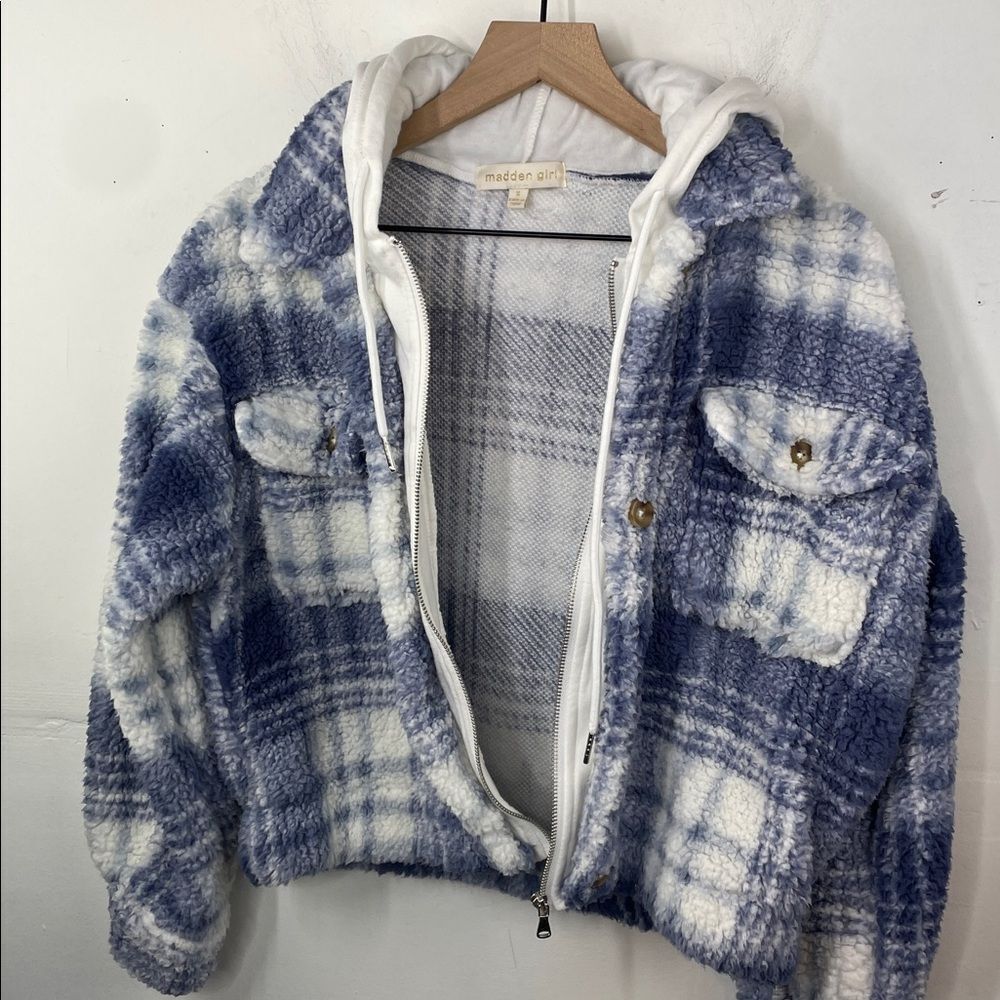 Madden Girl Plaid Sherpa Hoodie Jacket size Small Junior - Picture 4 of 16